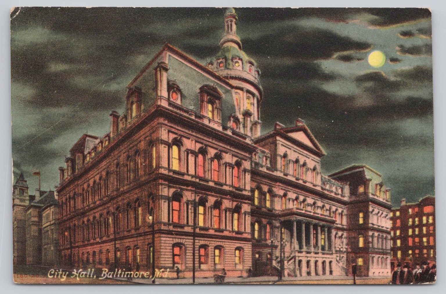 Baltimore City Hall Night View Postcard c1910s Moonlight Maryland Architecture