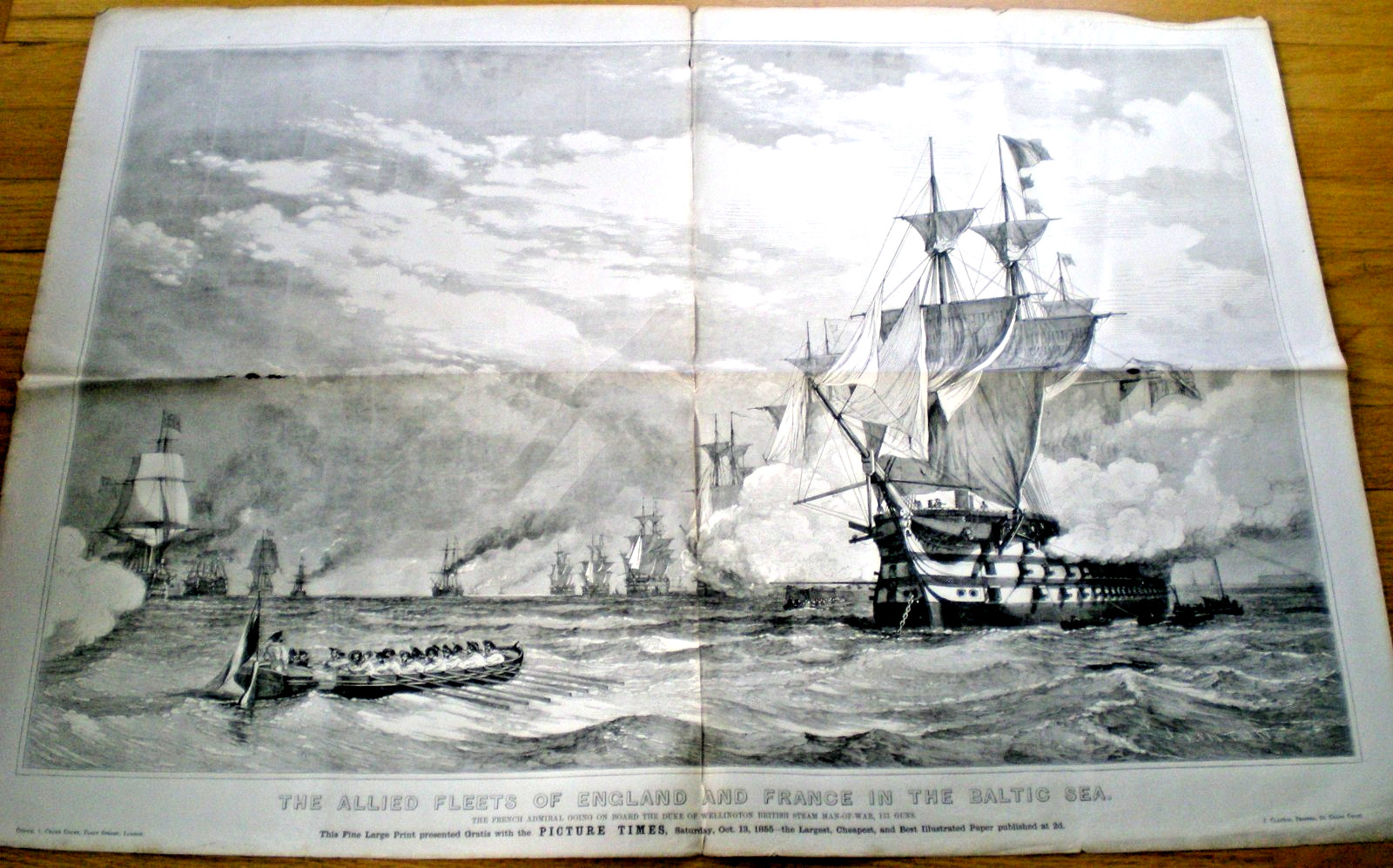 Antique 1855 Crimean War Print Allied Fleets England France Baltic Sea 23x38