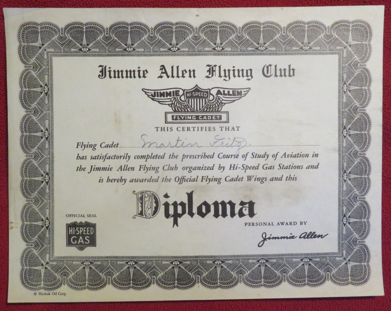 Rare JIMMIE ALLEN FLYING CLUB DIPLOMA 1930s