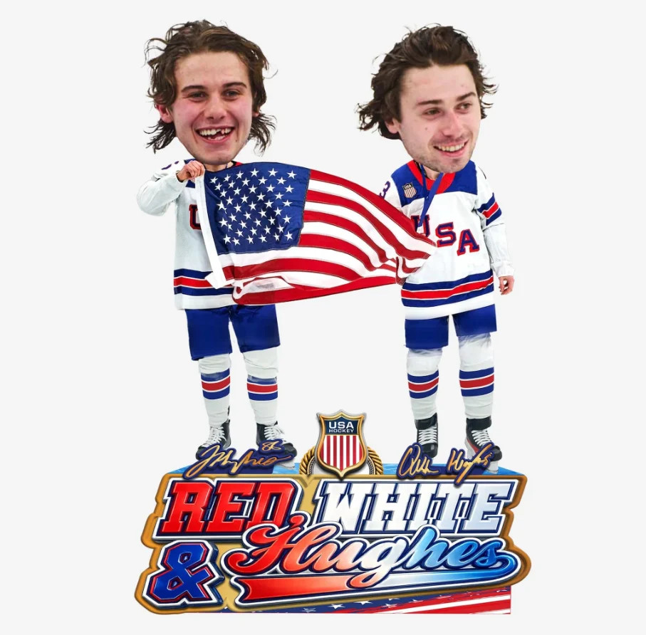 PRE-SALE Quinn Hughes and Jack Hughes Team USA Men's Hockey American Flag Dual 8 PRE-SALE Quinn Hughes and Jack Hughes Team USA Men's Hockey American Flag Dual 8
