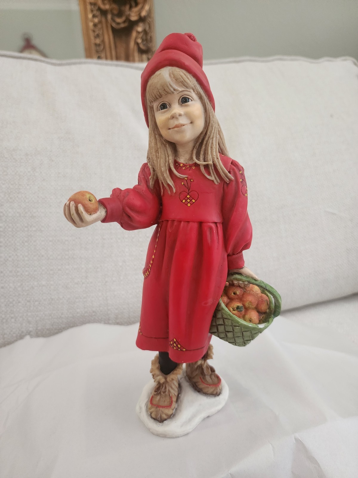 Vtg Norway Candy Design Girl  Figurine Basket of Apples 5” Carl Larsson