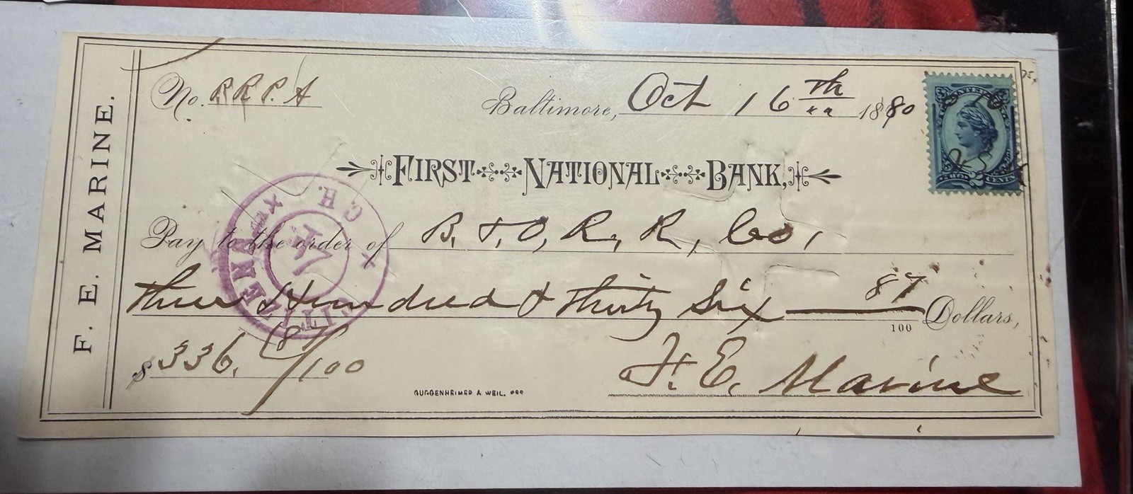 1880 First National Bank Check F.E. Marine