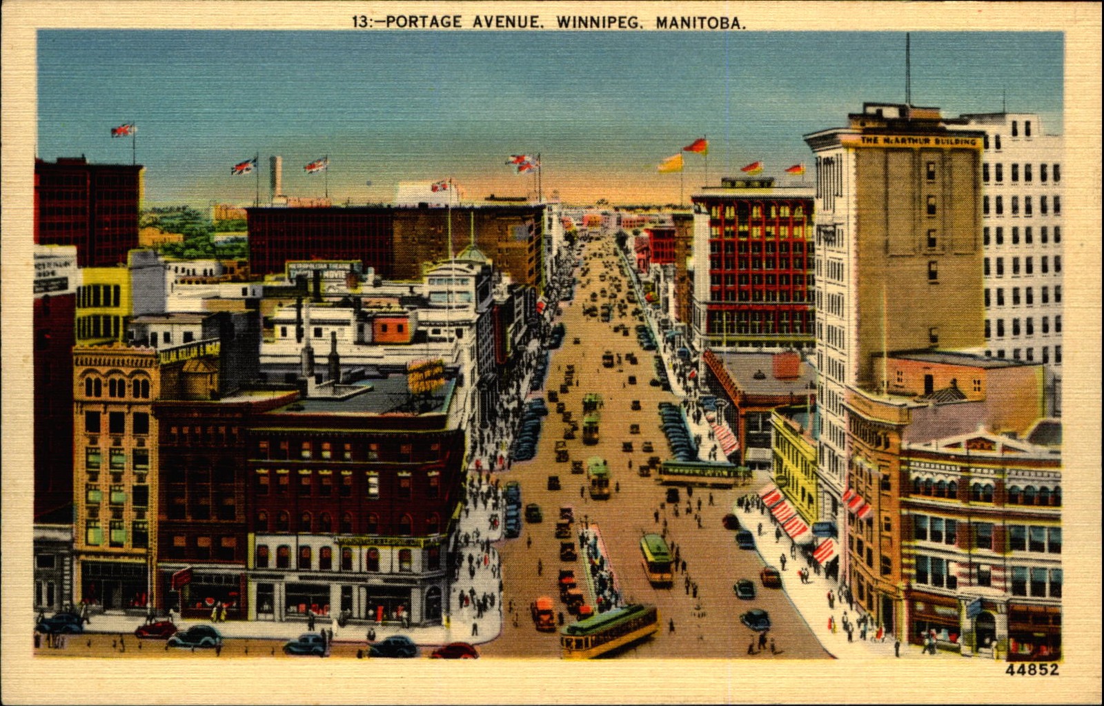 Portage Avenue ~ Winnipeg Manitoba Canada ~ 1940s linen ~ aerial tram businesses Portage Avenue ~ Winnipeg Manitoba Canada ~ 1940s linen ~ aerial tram businesses