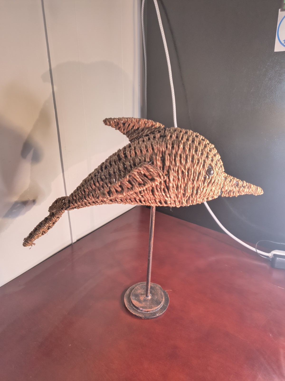 Vintage Wicker Rattan Dolphin Sculpture on Cast Iron Stand Boho Coastal Decor
