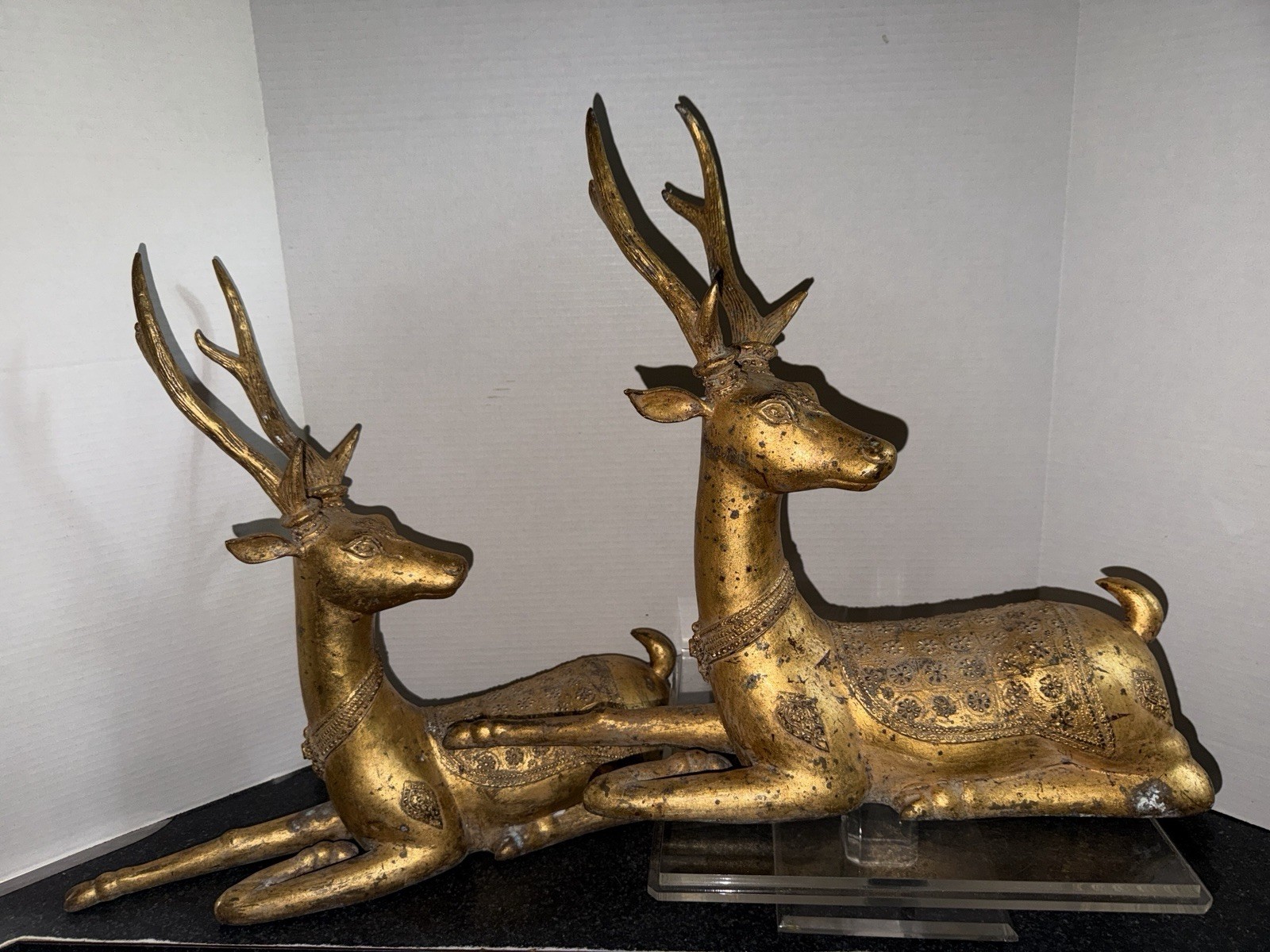 Vtg MCM Sarreid Style Heavy Brass Bronzed Stag Deer Hollywood Regency Pair 19”