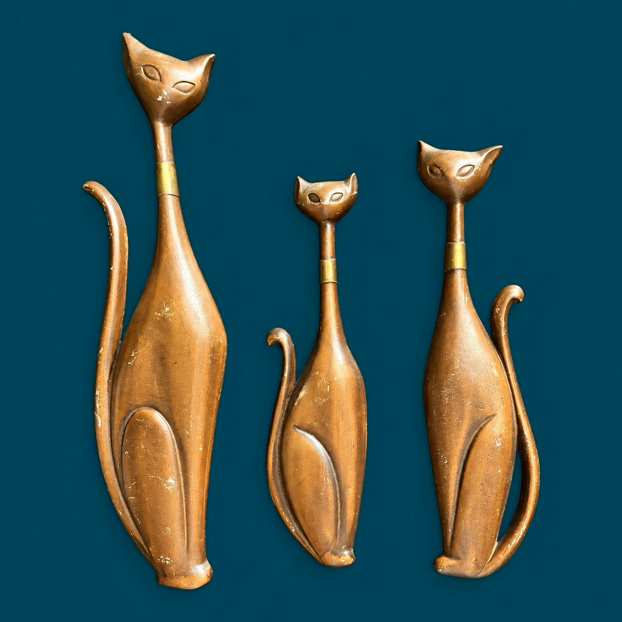 Set of 3 Vintage Brass Metal Cat Wall Plaques Bronze Tone Decorative Plaques