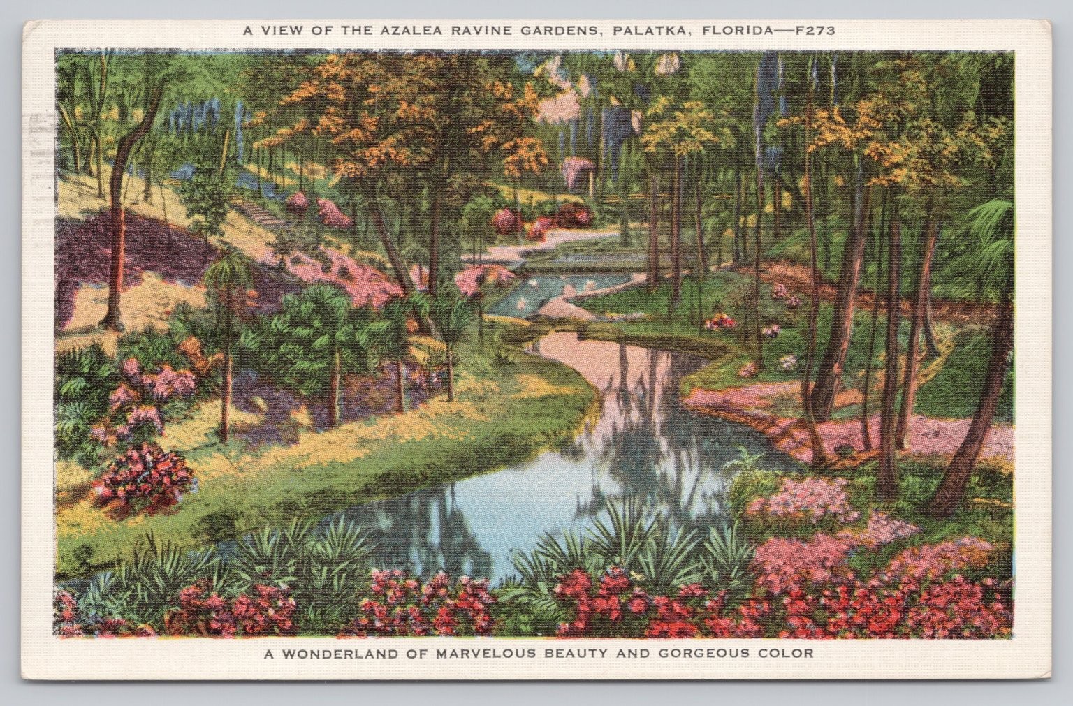 Azalea Ravine Gardens Palatka Florida Linen Postcard 1938 Postmarked