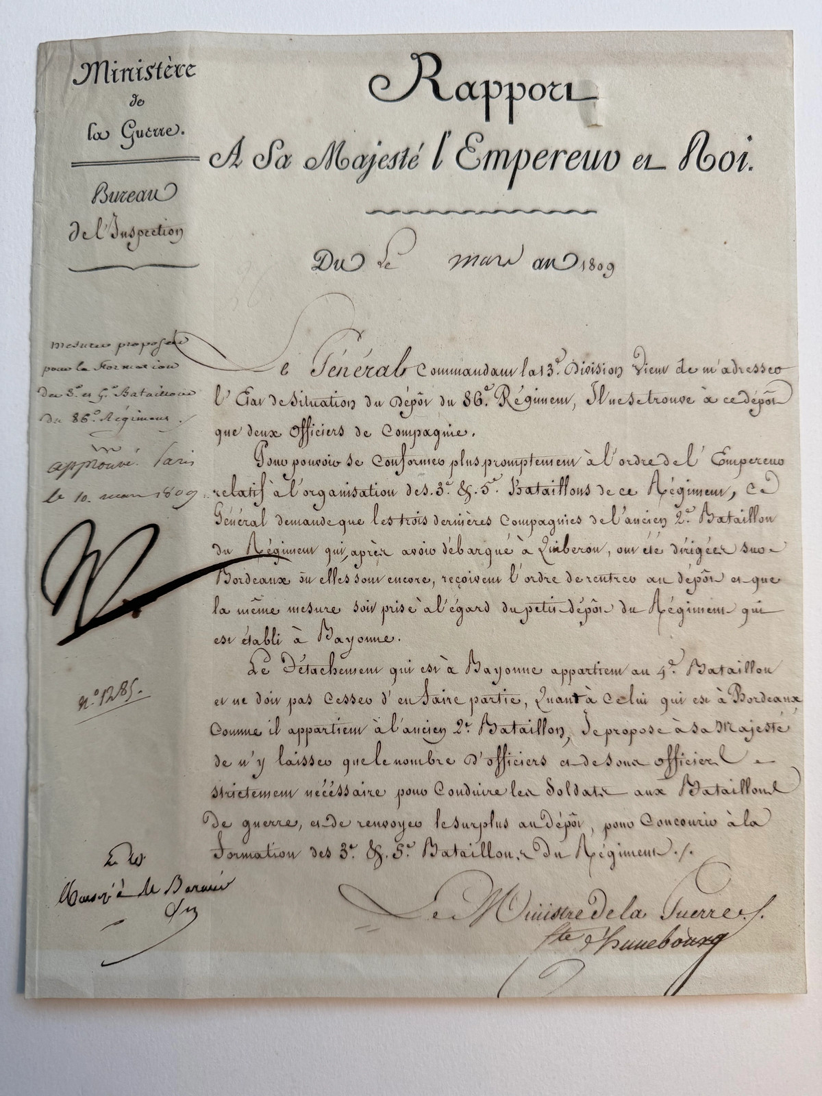 NAPOLEON BONAPARTE — BOLD “N” APPROVAL ON AN 1809 REPORT
