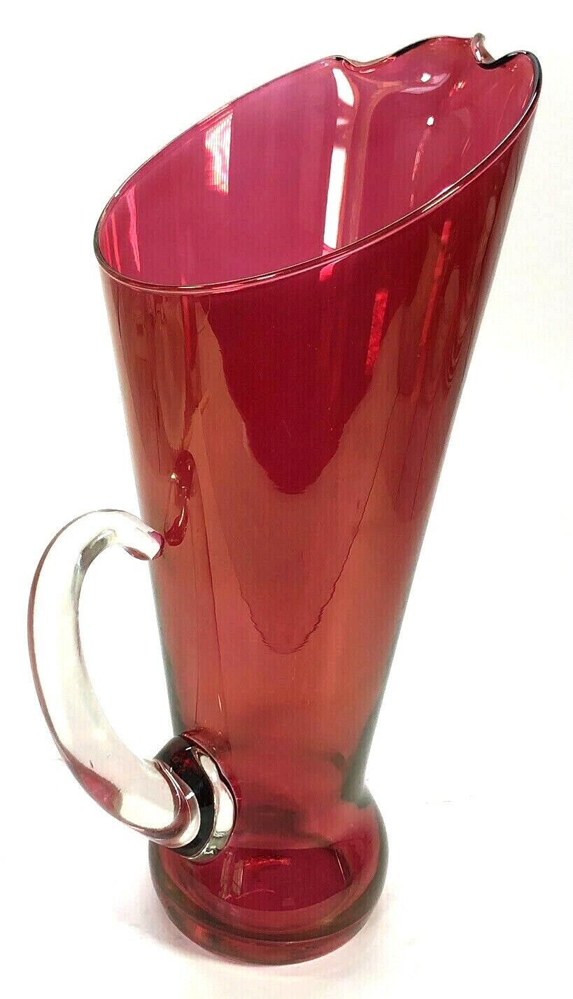 Vintage Cranberry Glass Pitcher Clear Applied Handle 11 Inch Large Collectible