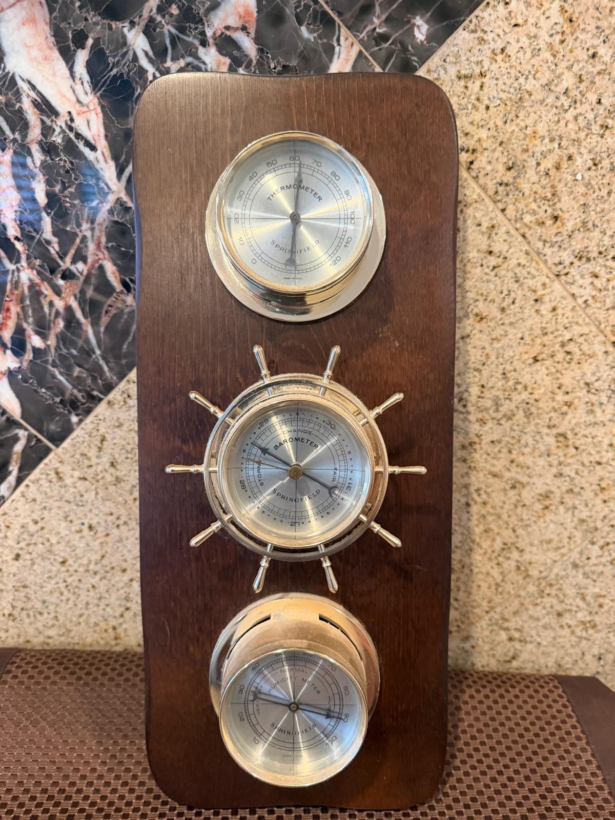 Vtg Springfield Barometer Thermometer Hygrometer Ship Wheel Wood Wall Decor 16\