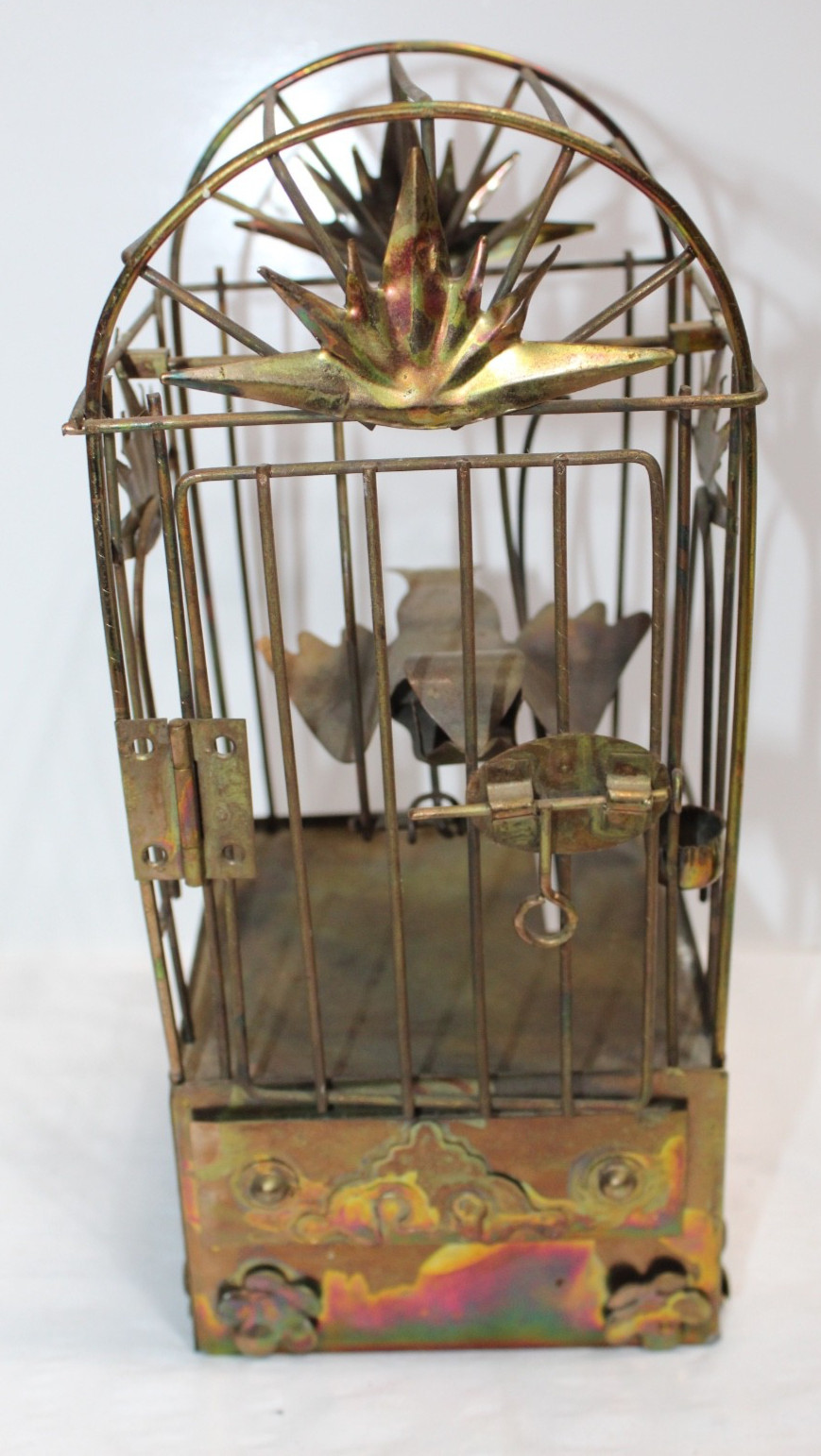 Vintage Automated Bird Cage Brass Metal Folk Art Music Box Plays Bird Swings