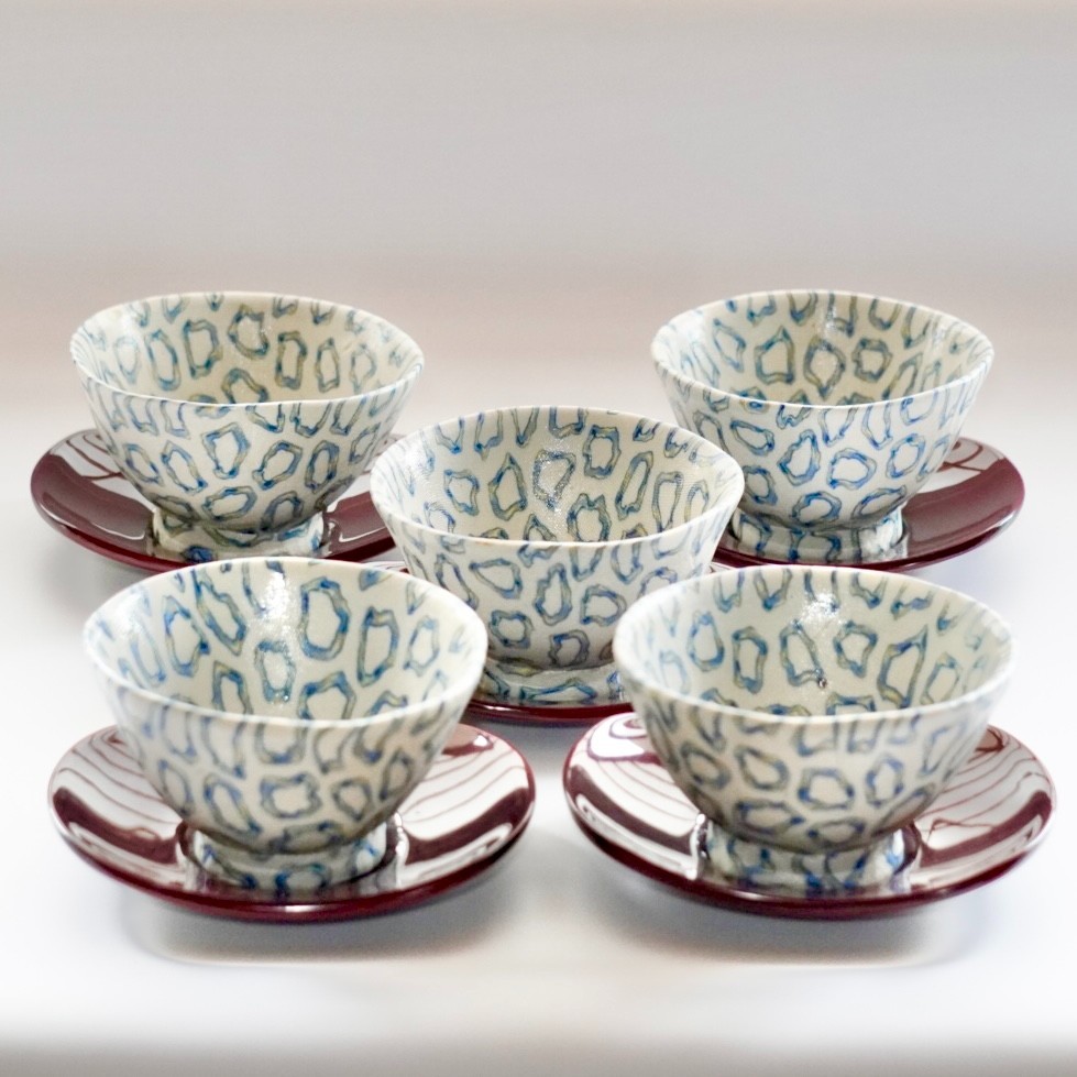 Vtg Japanese Kneaded Sencha Bowl Set of 5 Produced by Tetsuo Nagae Sarasa Kiln
