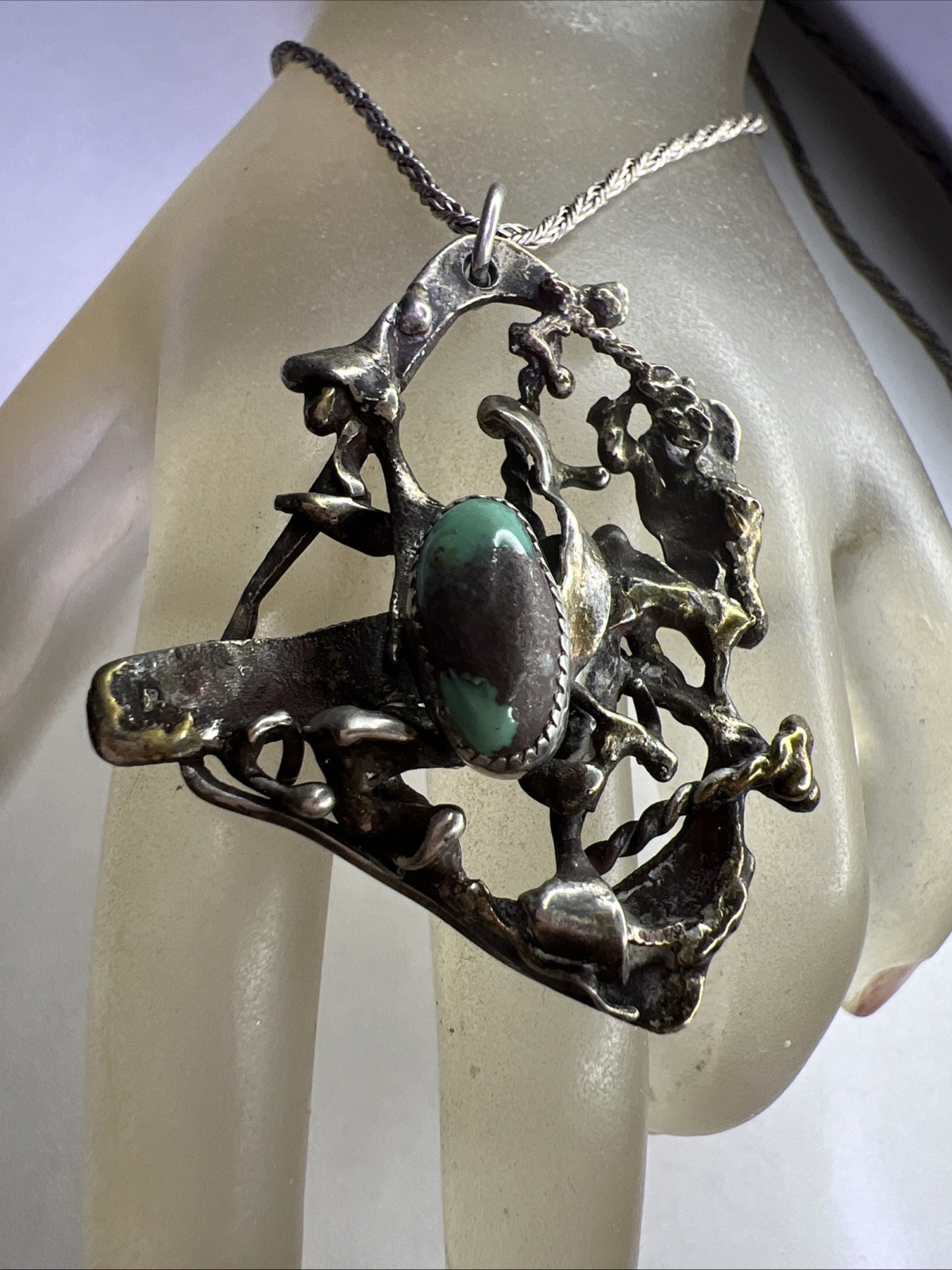 OLD Sand Casted Sterling Silver Turquoise Pendant Southwestern with Chain