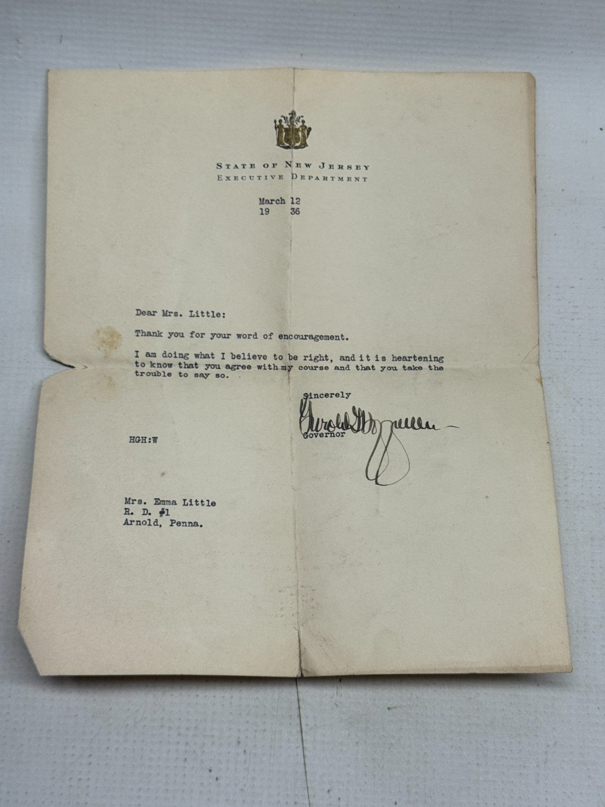 Vintage 1936 Letter by Govenor New Jersey Harold G. Hoffman SIGNED Vintage 1936 Letter by Govenor New Jersey Harold G. Hoffman SIGNED