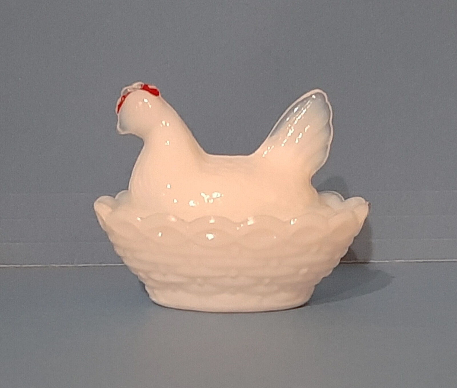 2 pc. Milk Glass Hen on basket nest - with red paint accent. Vintage 1940s.