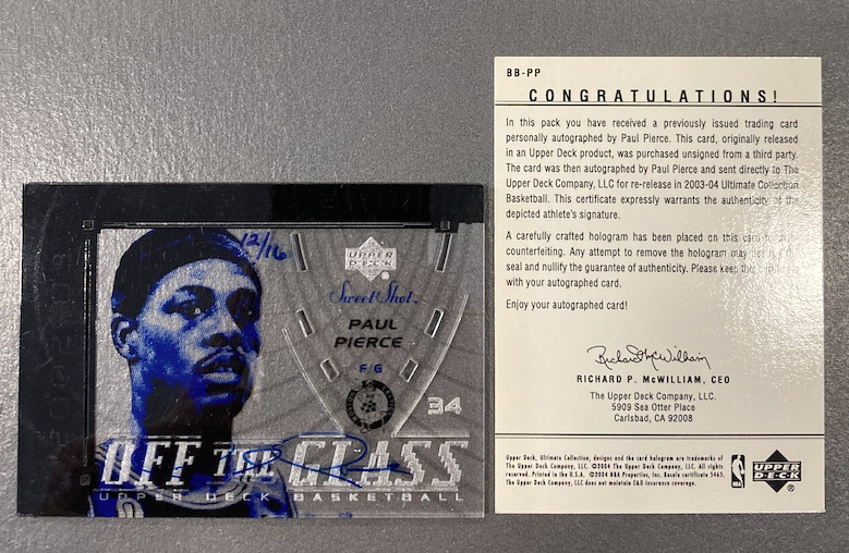 PAUL PIERCE 2003-04 UD ULTIMATE BUYBACK AUTO 12/16 ON SWEET SHOT OFF THE GLASS