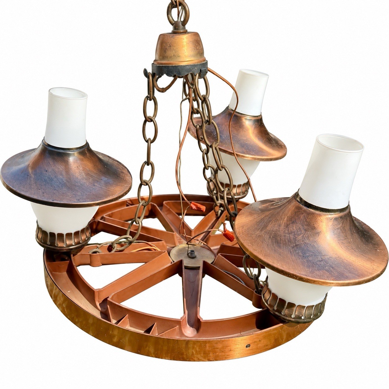 Vintage 18” Wagon Wheel Ceiling Lamp 3 light Chandelier Fixture MCM 
