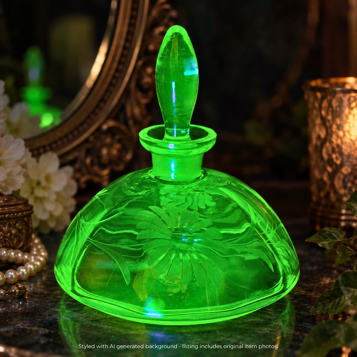 Vintage Green Glass Perfume Bottle Uranium UV Glow Floral Etched Stopper Art Dec