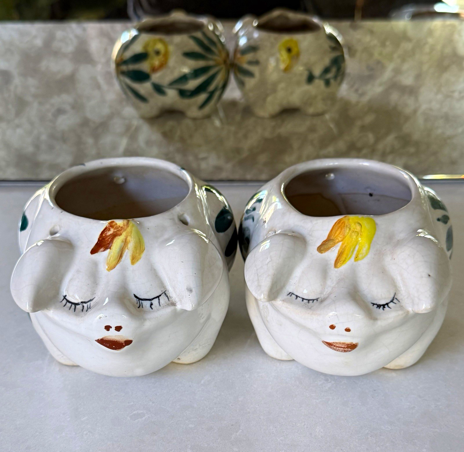 Pair Vintage Ceramic Pig Planters Hand Painted Floral Sleepy Eyes MCM Pair Vintage Ceramic Pig Planters Hand Painted Floral Sleepy Eyes MCM