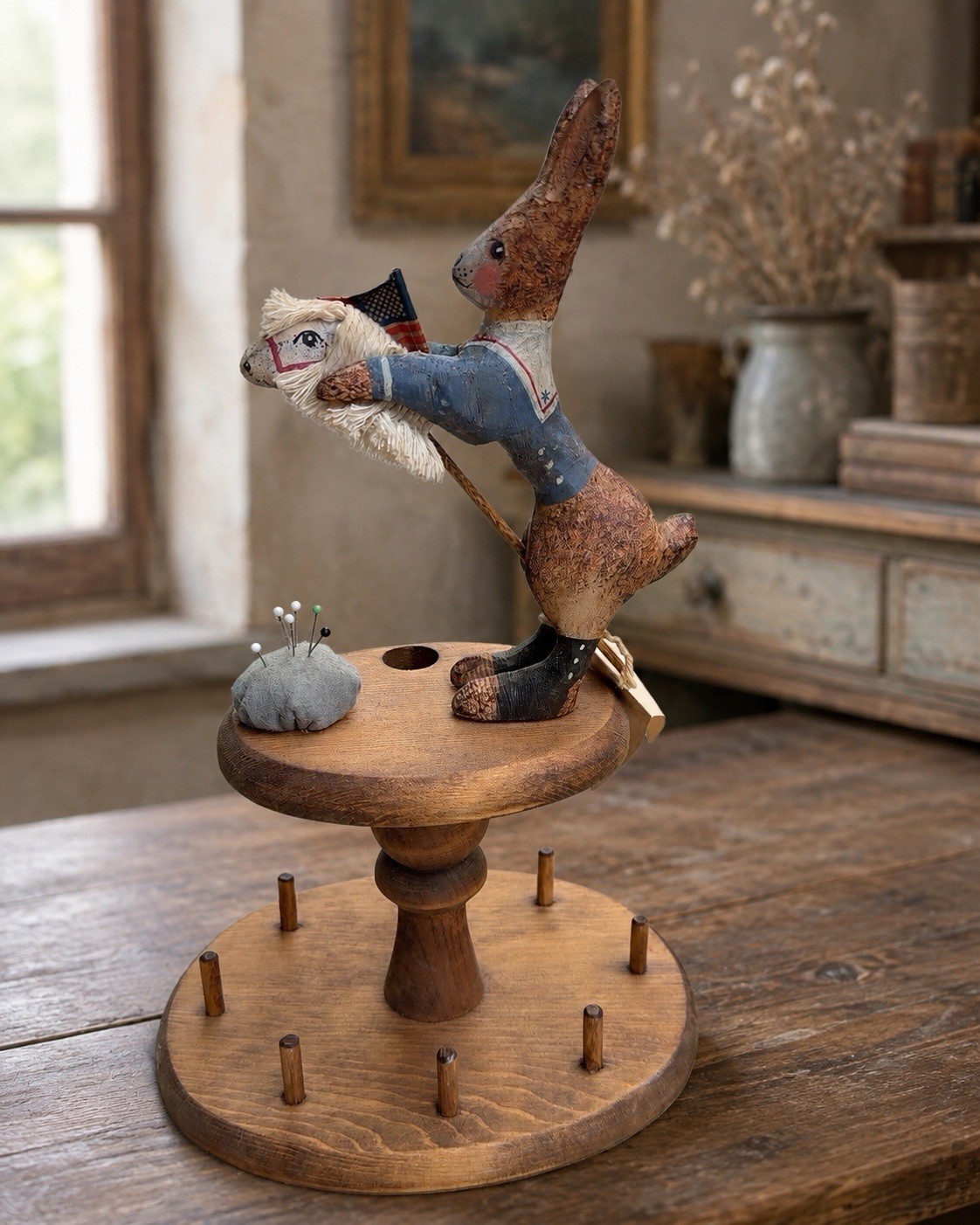 Peggy Herrick Signed Wood Folk Art America US Rabbit  Spool Caddy Sewing Cushion