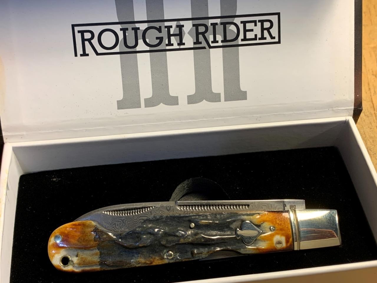 Rough Rider Cinnamon Bone Damascus Mid-Lock 4 1/2