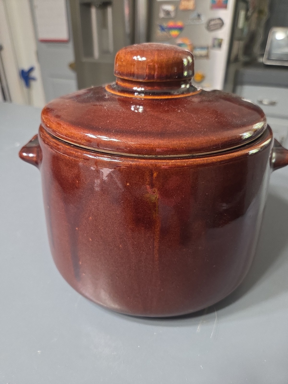 Vintage West Bend Brown Glazed Stomeware Bean Pot Crock With LID & HANDLES