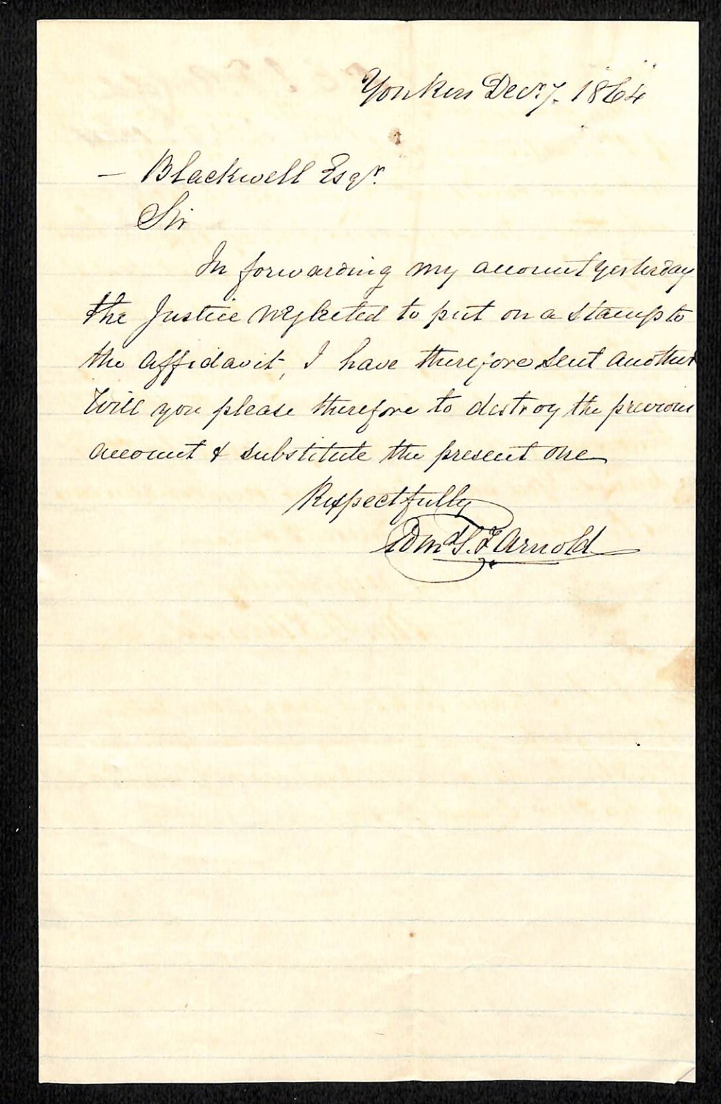 1864 Yonkers, NY Wm. J. Arnold / Blackwell ALS re: Previous Letter w/o Tax Stamp