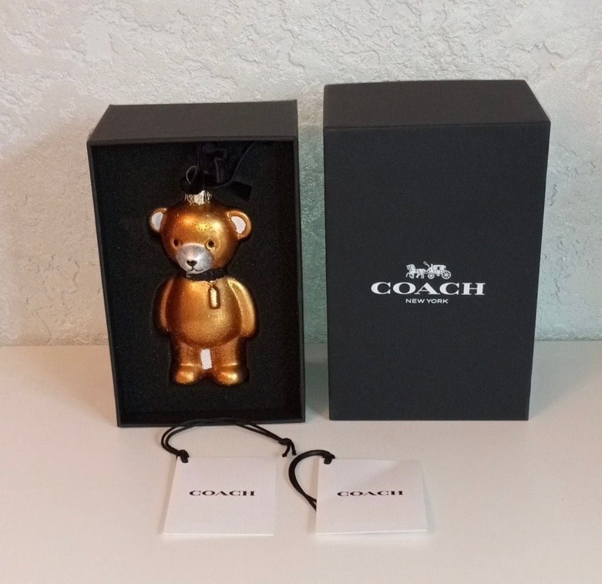 Coach New York Glass Teddy Bear Holiday Christmas Ornament With Box