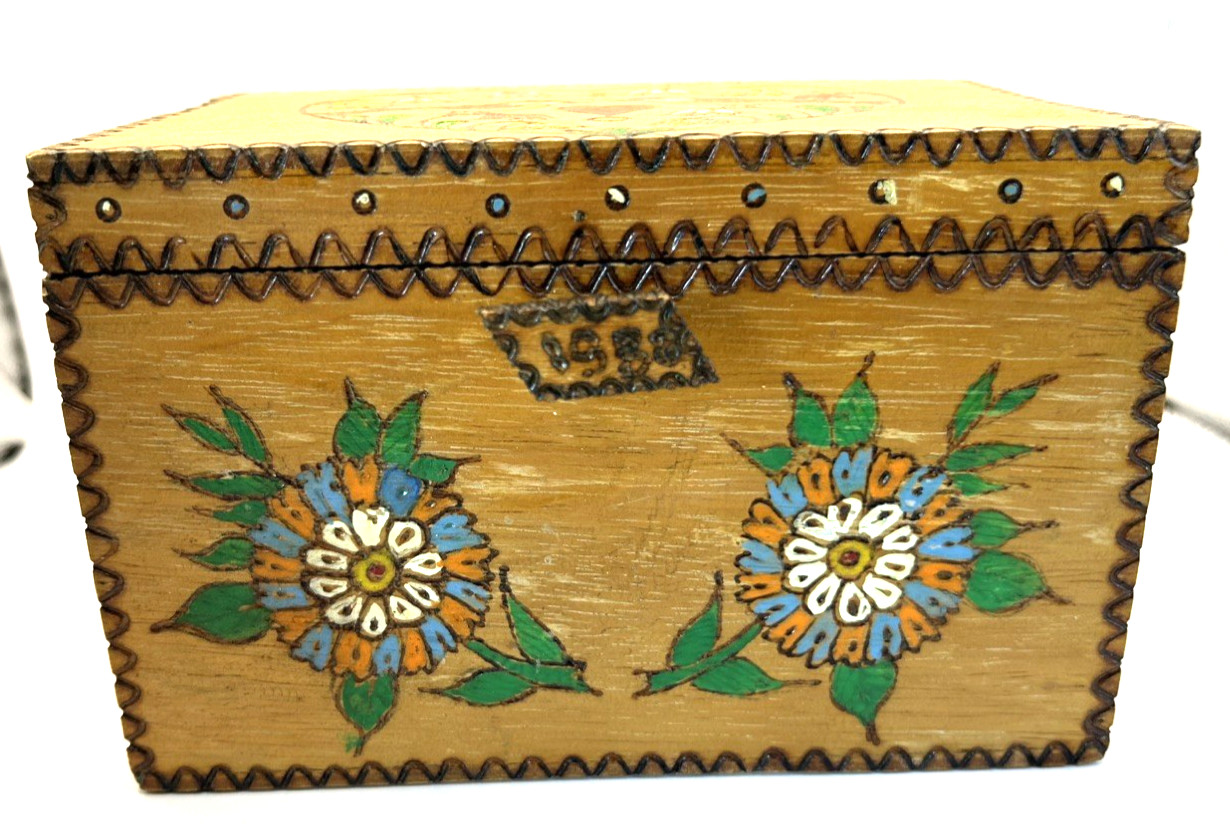 Vintage Pyrographic Wood Burned Carved Box Hand Painted Keepsake Recipes Dated Vintage Pyrographic Wood Burned Carved Box Hand Painted Keepsake Recipes Dated