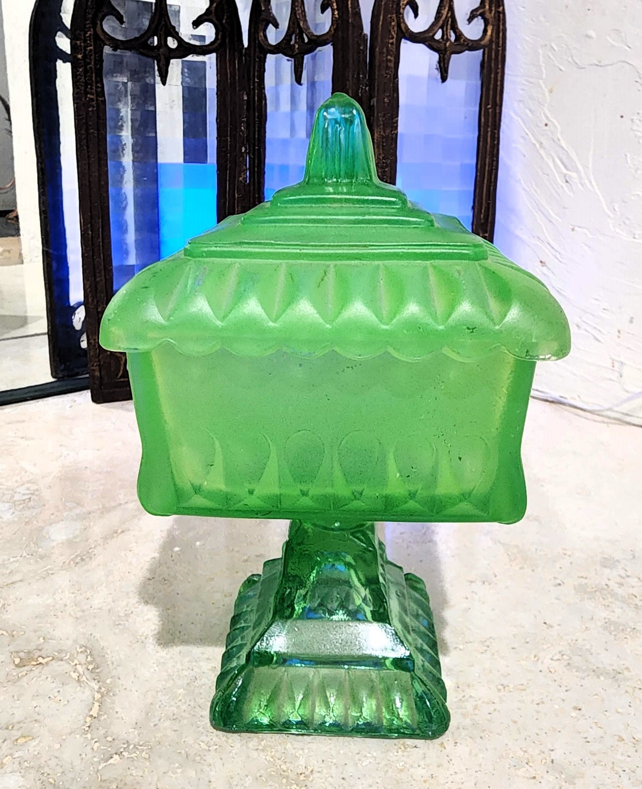 Vintage Green Satin Glass Pedestal Candy Dish Lidded Square Frosted Jar Compote
