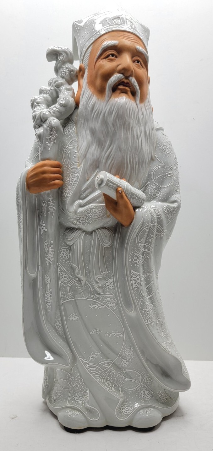 Jurojin Tall God of Wisdom and Longevity Hand Painted White & Gray Moriage. 18