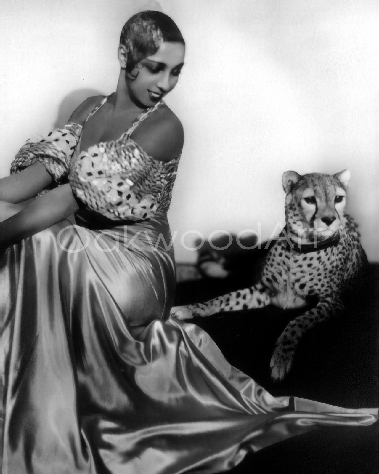 JOSEPHINE BAKER & Pet Cheetah c1920s, Big Cat, Vintage Photo Reprint