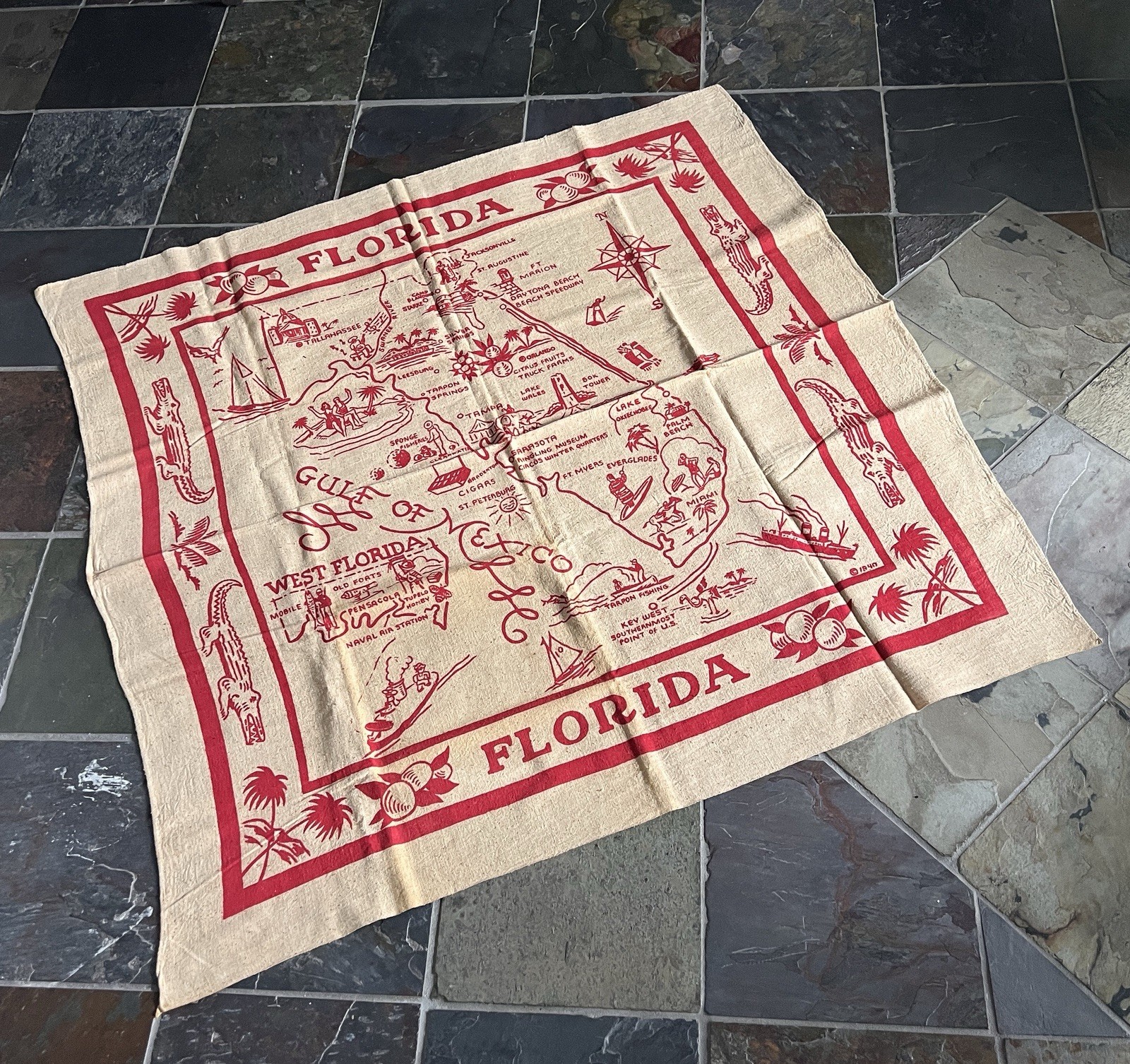 Rare Large Vintage Linen FLORIDA State Tablecloth Souvenir Tablecloth Dated 1940 Rare Large Vintage Linen FLORIDA State Tablecloth Souvenir Tablecloth Dated 1940