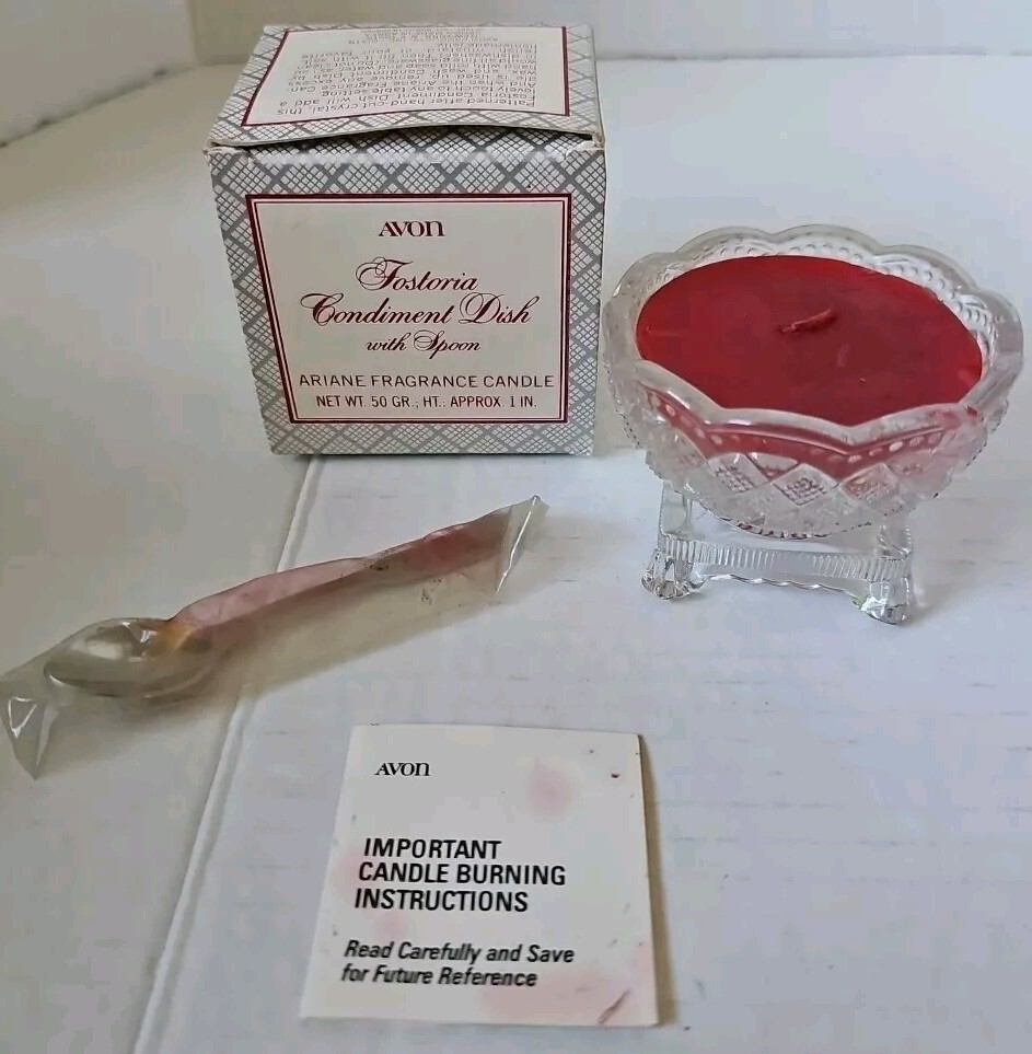 1981 Vintage Avon Fostoria Condiment Dish & Spoon Ariane Red Candle New In Box