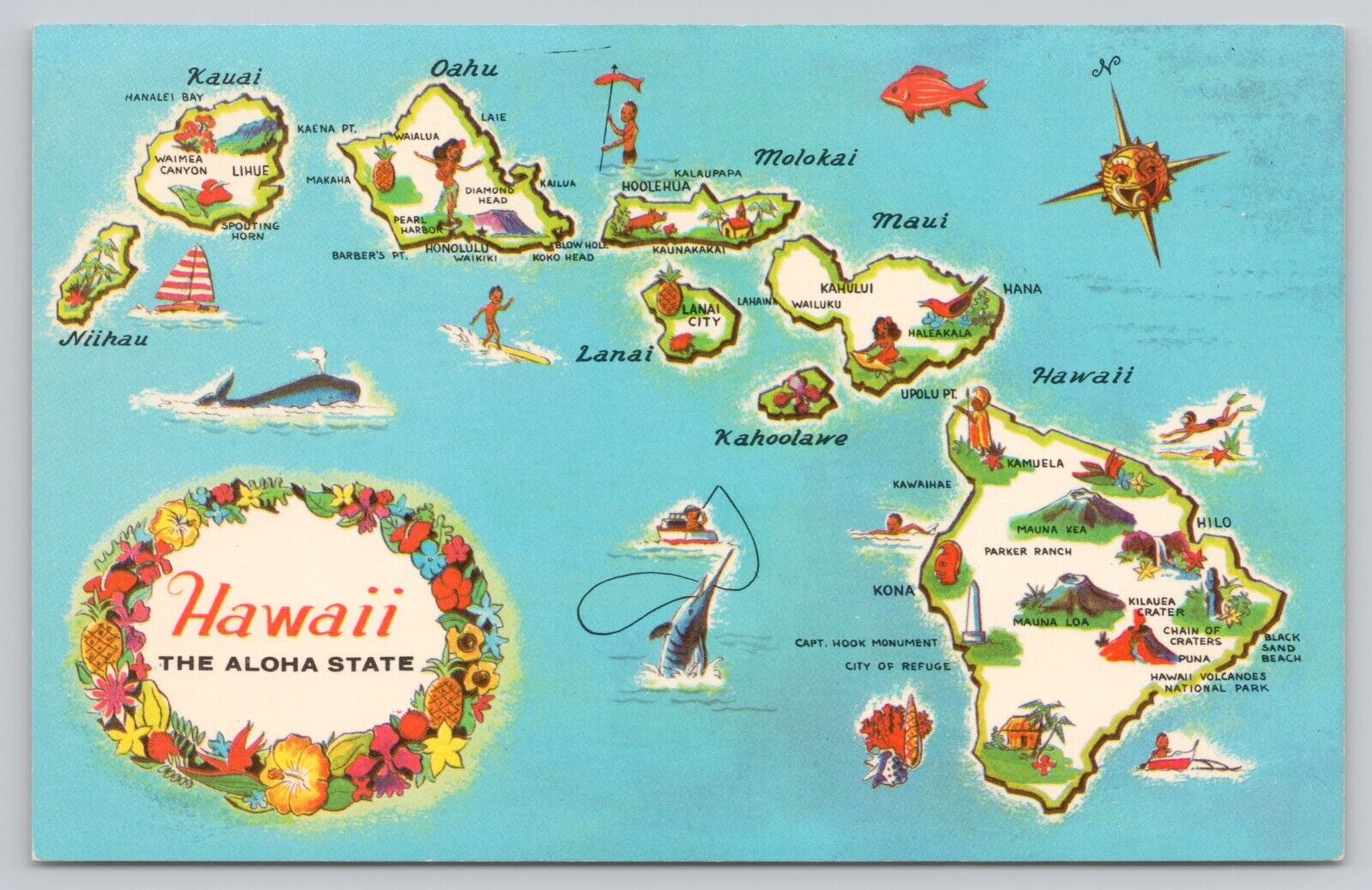Hawaii State Pictoral Map, Landmarks & Attractions, Islands, Vintage Postcard