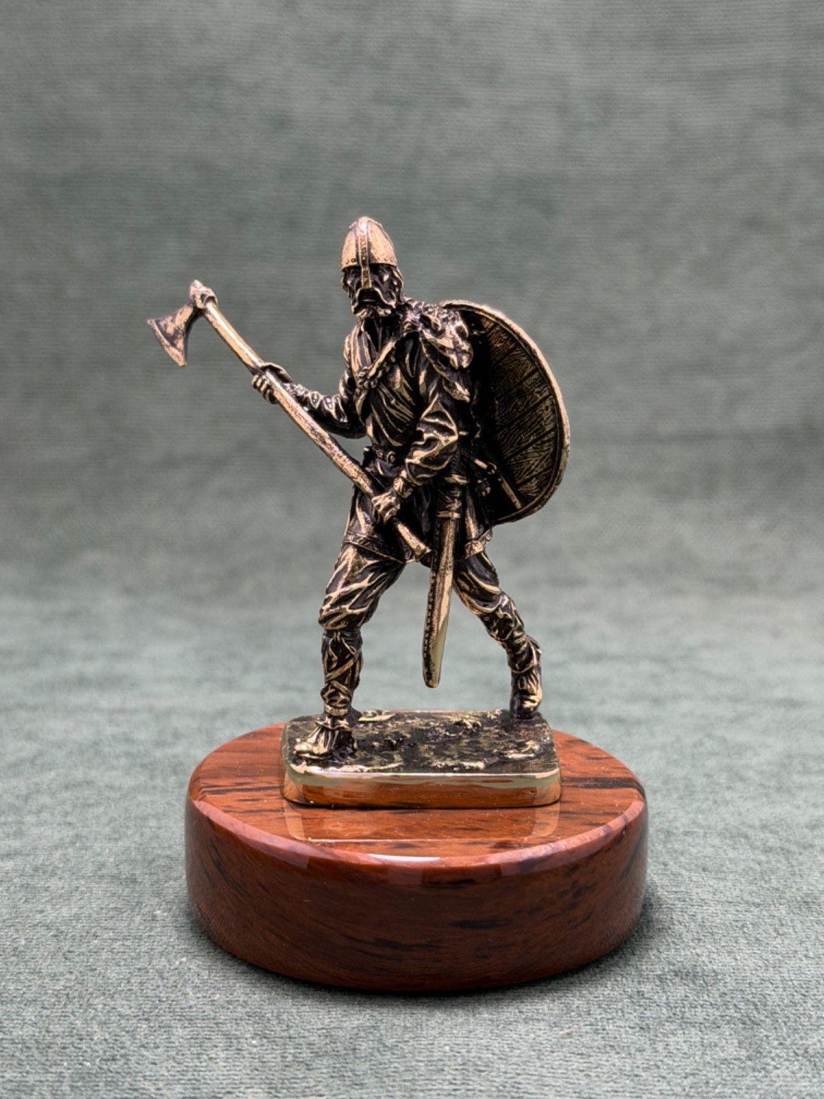 Art Deco Viking Figurine Cast Bronze Statuette Sculpture Base In Obsidian Stone