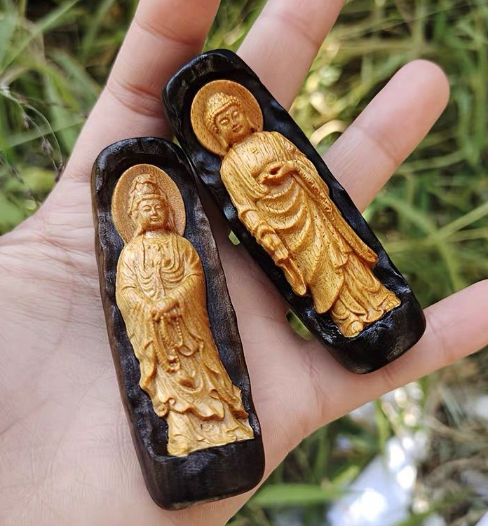 2pcs Grade A Natural Wood Carving Guanyin Rulaifo Buddha Couple Blessing Pendant
