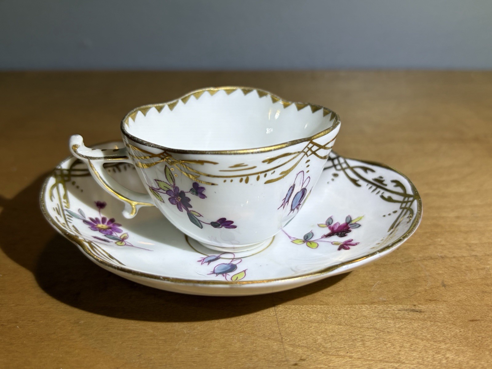 Antique SAXE Germany Porcelain Demitasse Cup Saucer Floral Gold Gilt