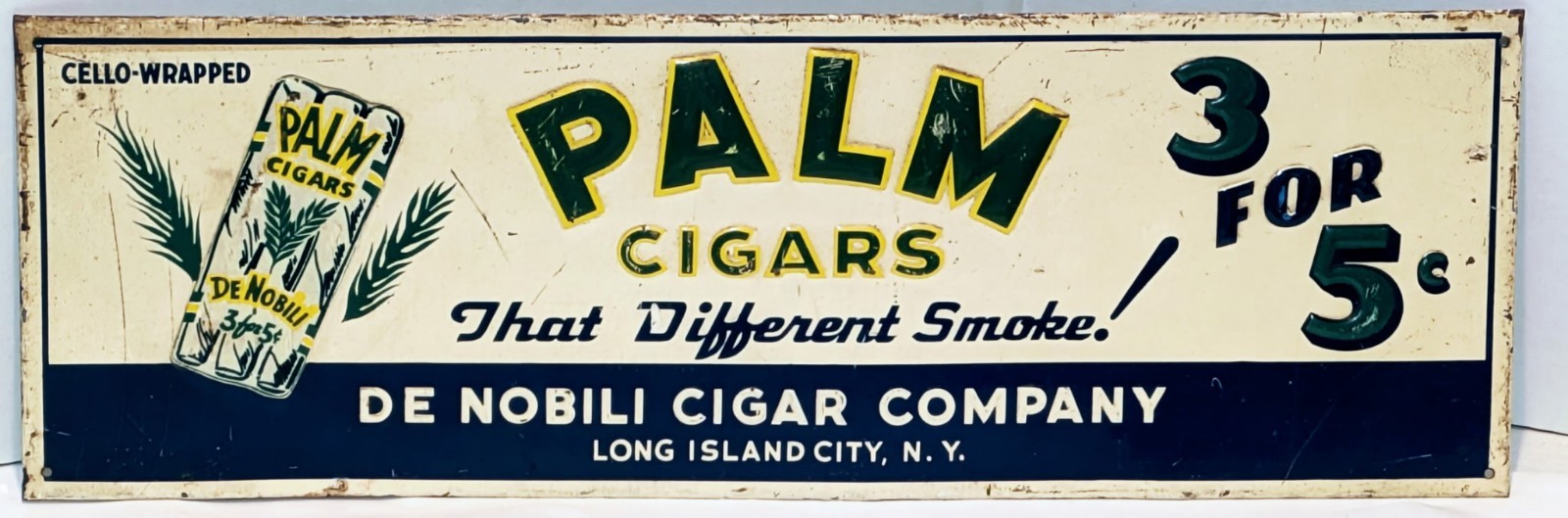 Vintage Tin Embossed Palm Cigars Sign Long Island City, N.Y. 19 1/8 Vintage Tin Embossed Palm Cigars Sign Long Island City, N.Y. 19 1/8