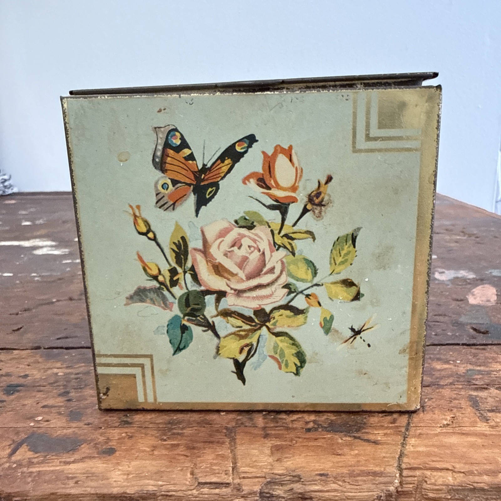 Vintage 1940s-50s Douwe Egberts Pickwick Tea Tin Floral Hinged Made in England 