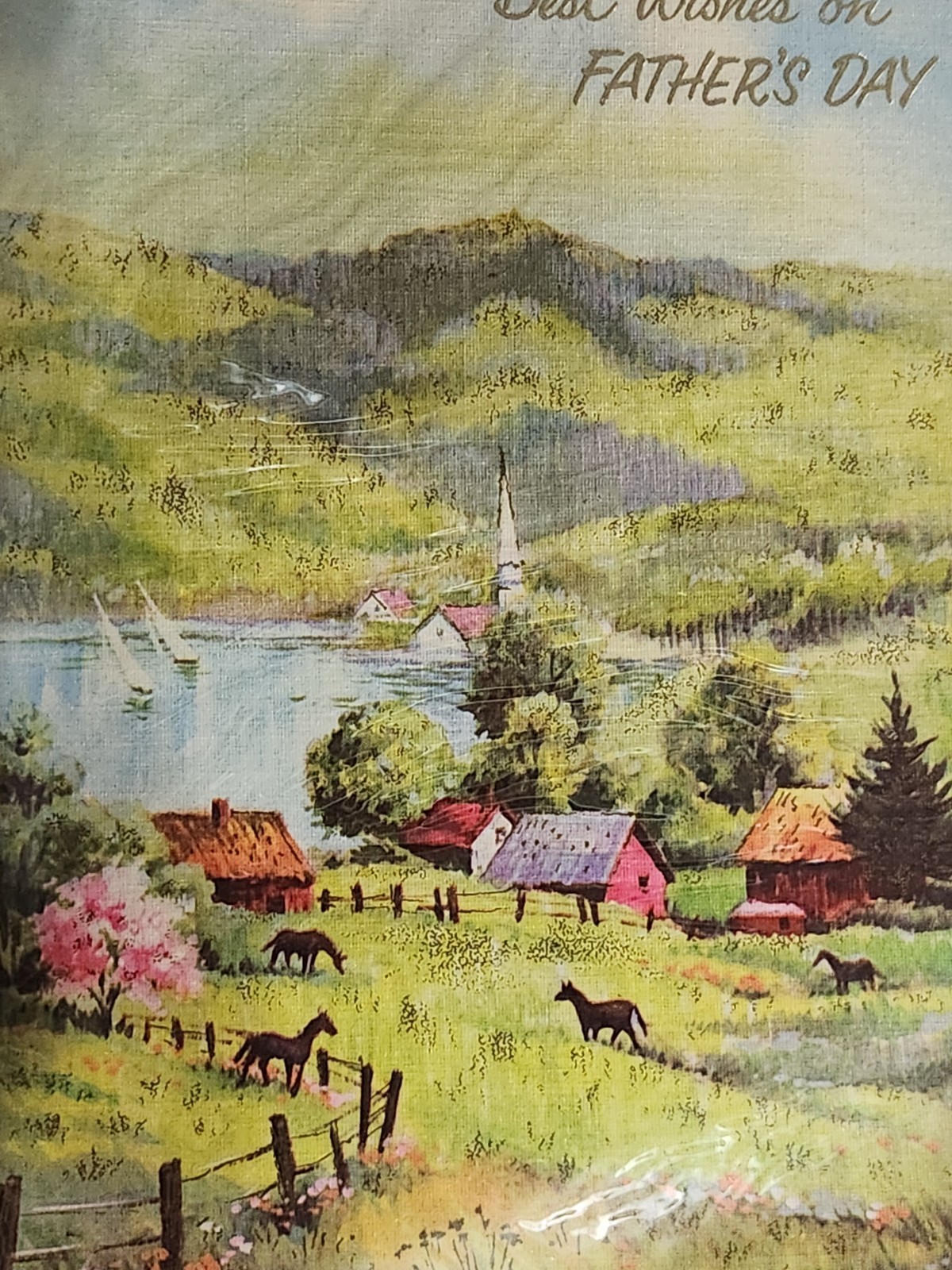 Vintage Father’s Day Card Horses Farm Lake Scenic Unused Sealed Mid Century USA