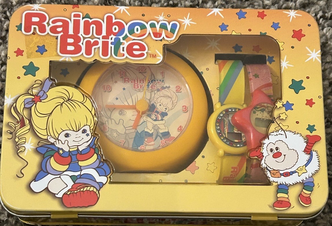 Vintage Rainbow Brite Hallmark 1980 Tin W/Desk Clock & 2 Rainbow Brite Watches