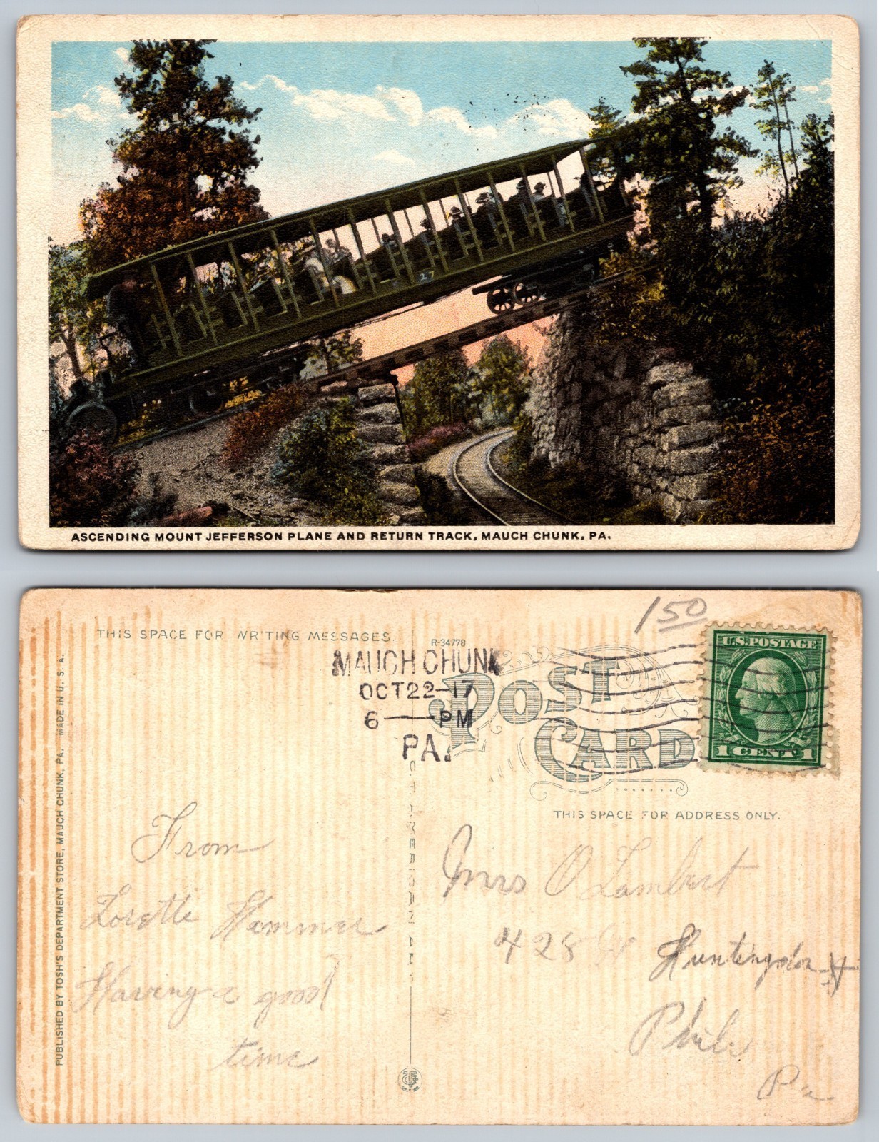 Vintage Postcard Mount Jefferson Incline Railway Mauch Chunk PA 1917