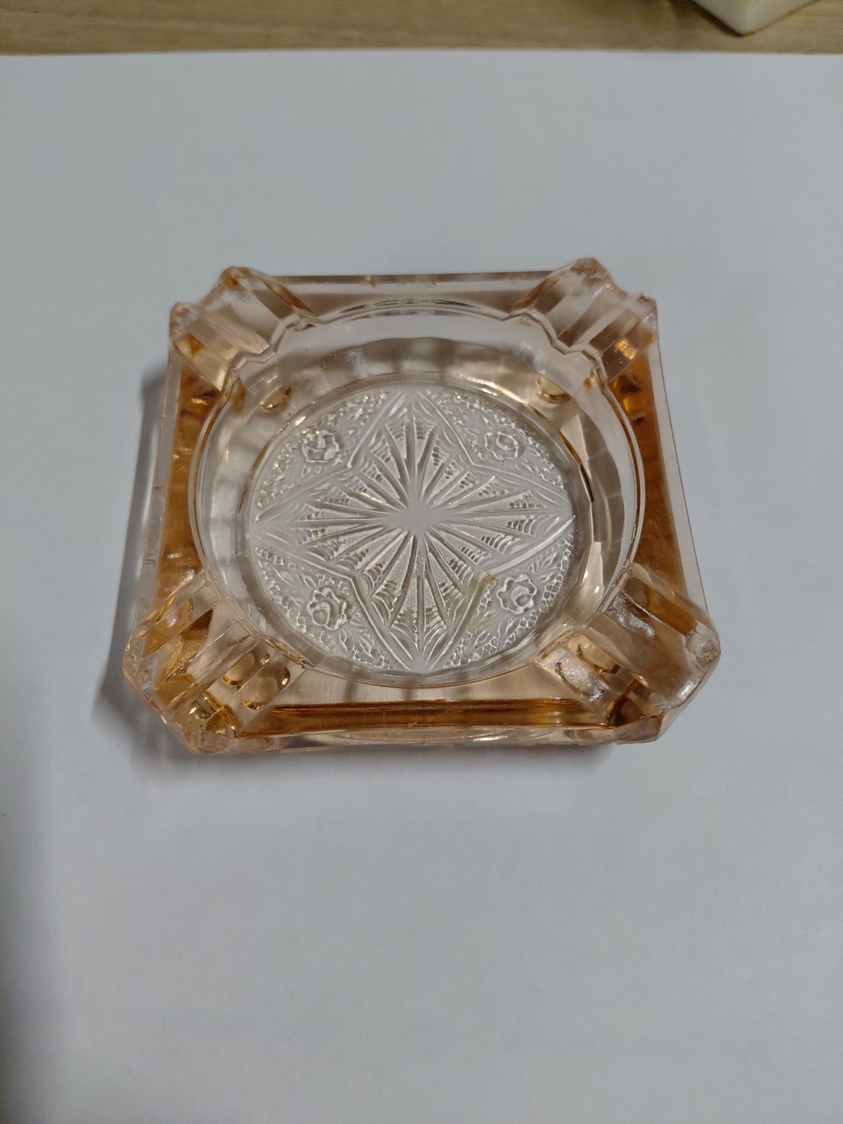 Vintage Pink Depression Glass Square Ashtray 3 1/4” Star Flower Bottom Art Deco Vintage Pink Depression Glass Square Ashtray 3 1/4” Star Flower Bottom Art Deco