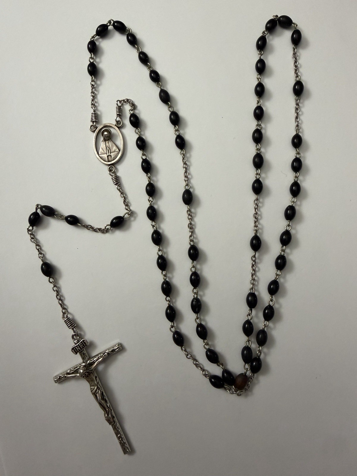 Vintage Sterling Silver Rosary Necklace Red Beads AFCO Marked Engraved See Photo