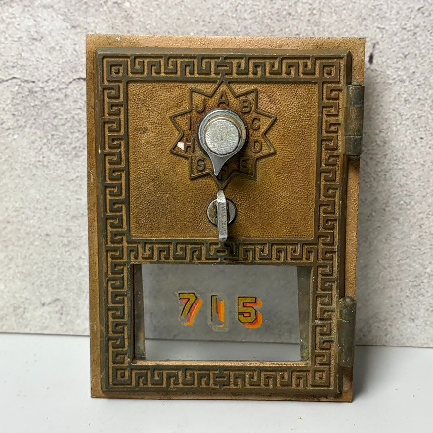 VTG US Post Office Box Door Combo Lock American Device Brass Greek Key 1958 #715