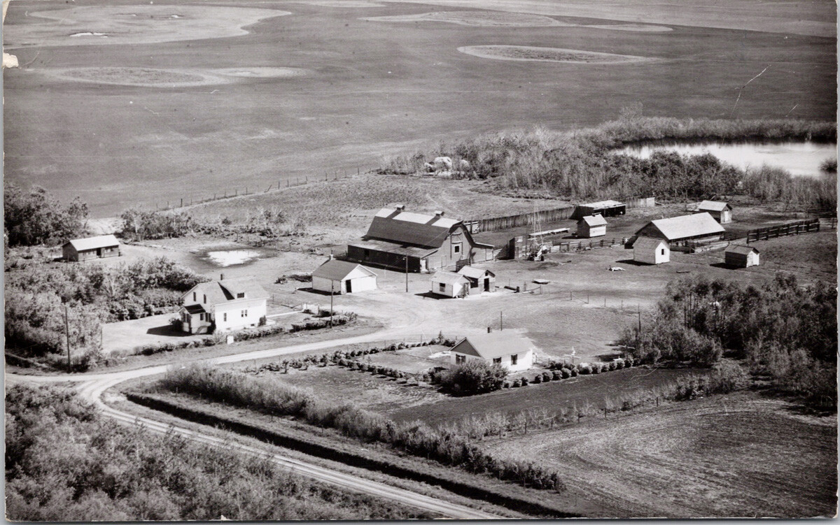 George Bowie\'s Farm Camrose Alberta ?? AB Aerial c1957 RPPC Postcard F82 *as is George Bowie\'s Farm Camrose Alberta ?? AB Aerial c1957 RPPC Postcard F82 *as is