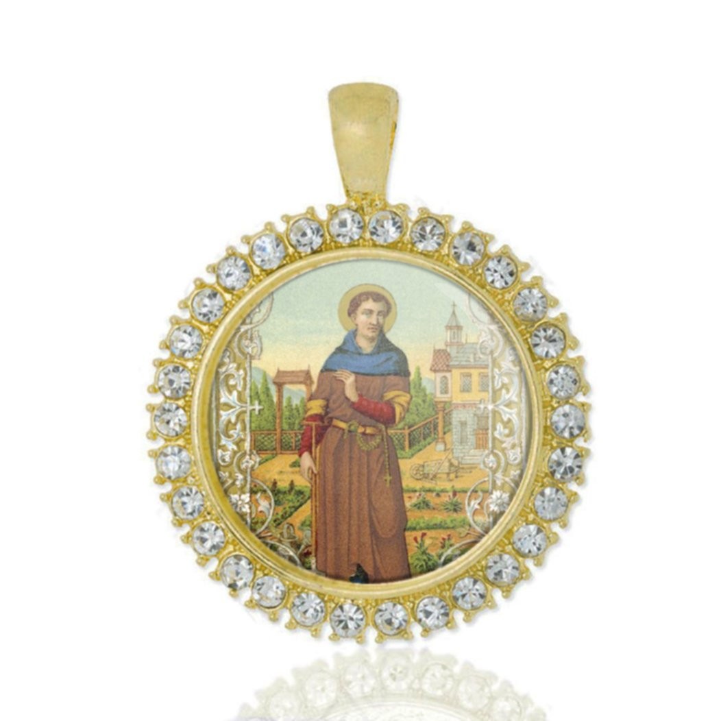 St Fiacre Christian Round Medal Gold Tone Pendant with Rhinestones