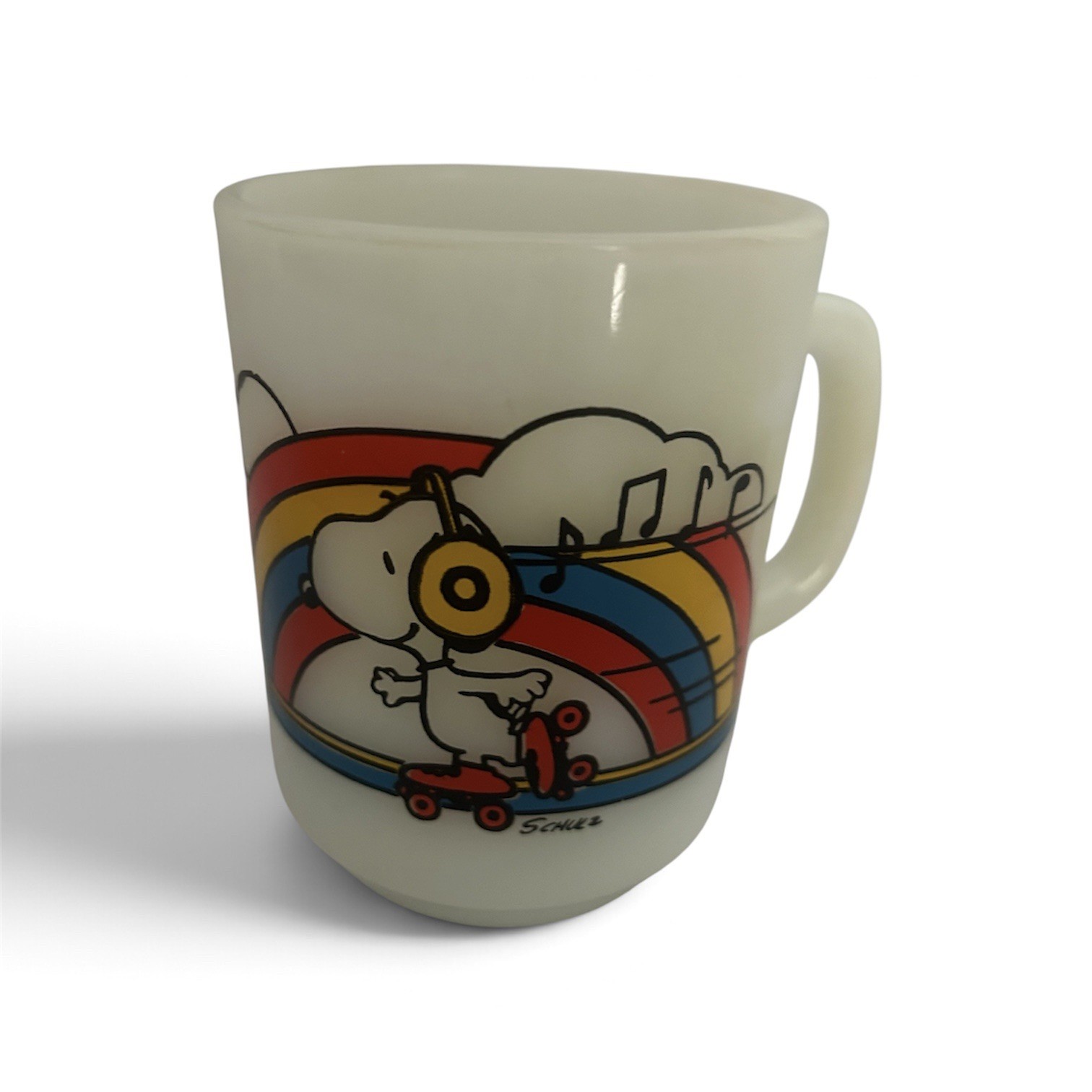 Fire-King Peanuts Snoopy Skater's Waltz 1958 Milk Glass Mug 8 oz Handle