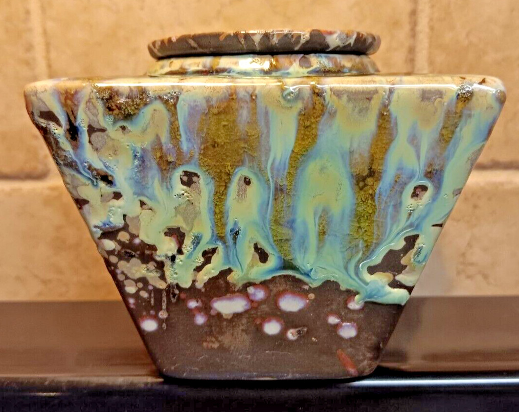 Vase, self watering, high gloss drip glaze, turquoise, green, white, multi color Vase, self watering, high gloss drip glaze, turquoise, green, white, multi color